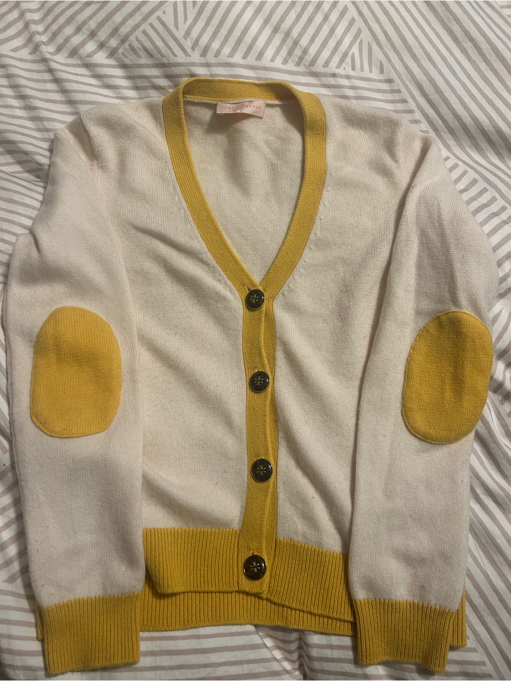 Tory Burch Cream Cardigan with Yellow Trim and Elbow Patches